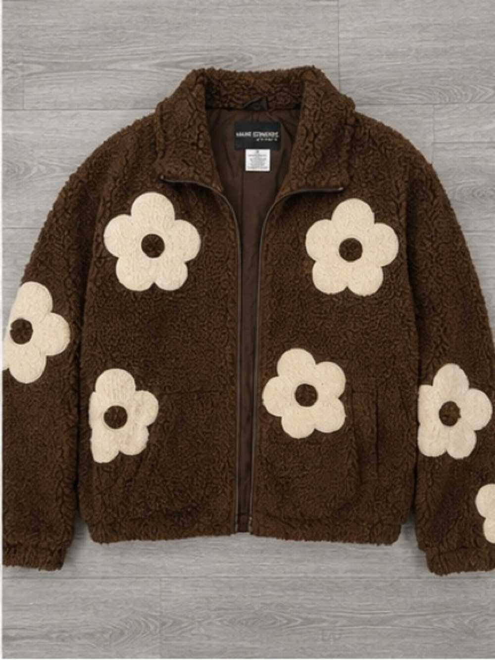 Mark Edwards Brown Sherpa Jacket with Cream Flower Appliqués